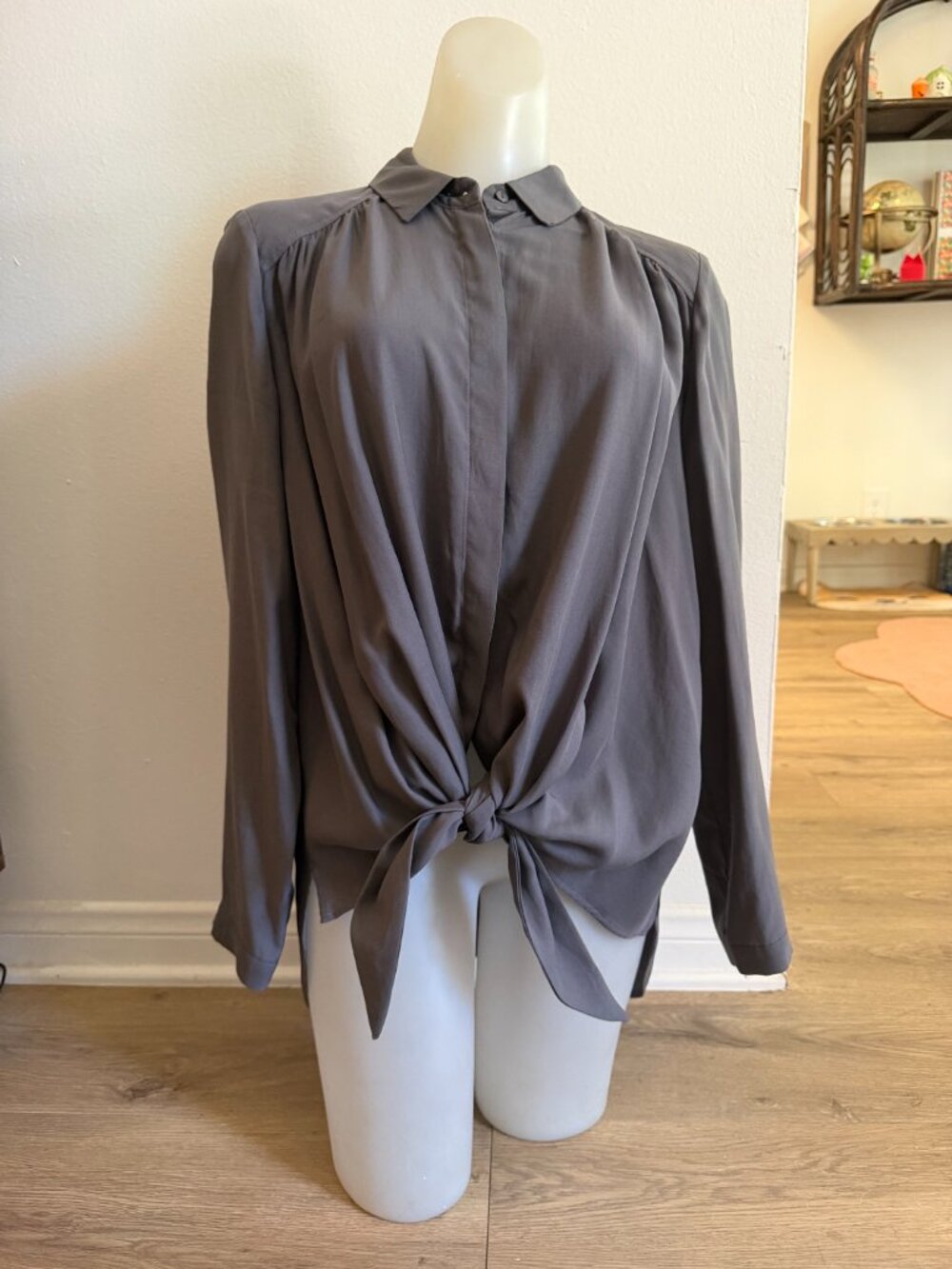 Maeve button down blouse tie front gray grey Size S